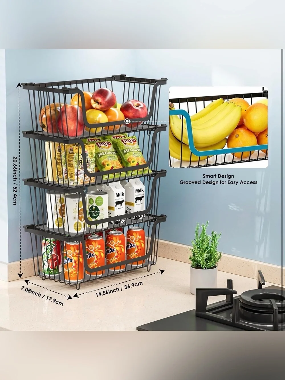 4 Pcs Stackable Wire Baskets for Pantry Organizers and Storage, Black, NEW